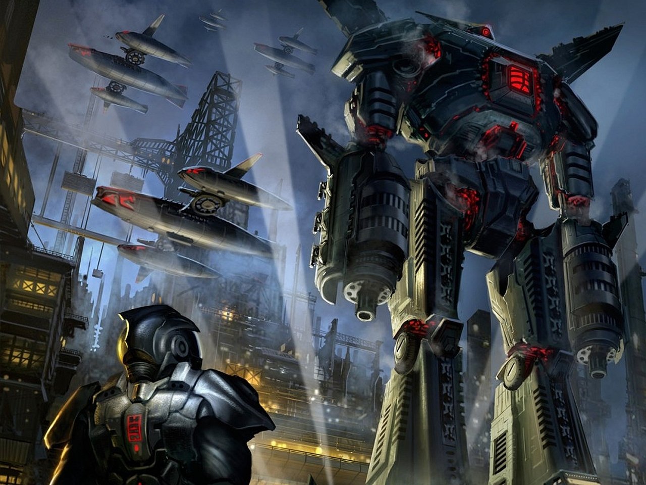 Sci-fi cityscape with a towering combat robot mech looming over neon-lit buildings as fighter craft streak past while an armored soldier watches from a rooftop.