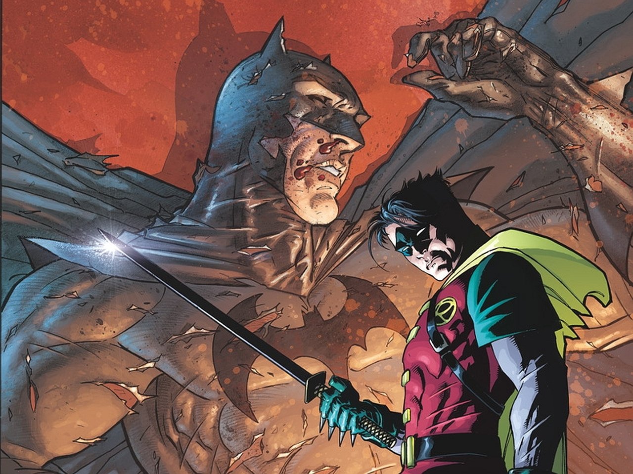 Comic art of Damian Wayne as Robin (Damian: Son of Batman) holding a sword, standing before a towering, battered Batman figure against a fiery red sky.