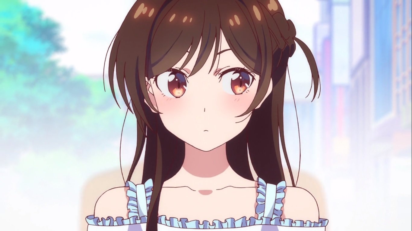 Anime portrait of Chizuru Mizuhara from Rent-A-Girlfriend: long brown hair, large brown eyes, wearing a frilled off-shoulder top with a soft cityscape background.