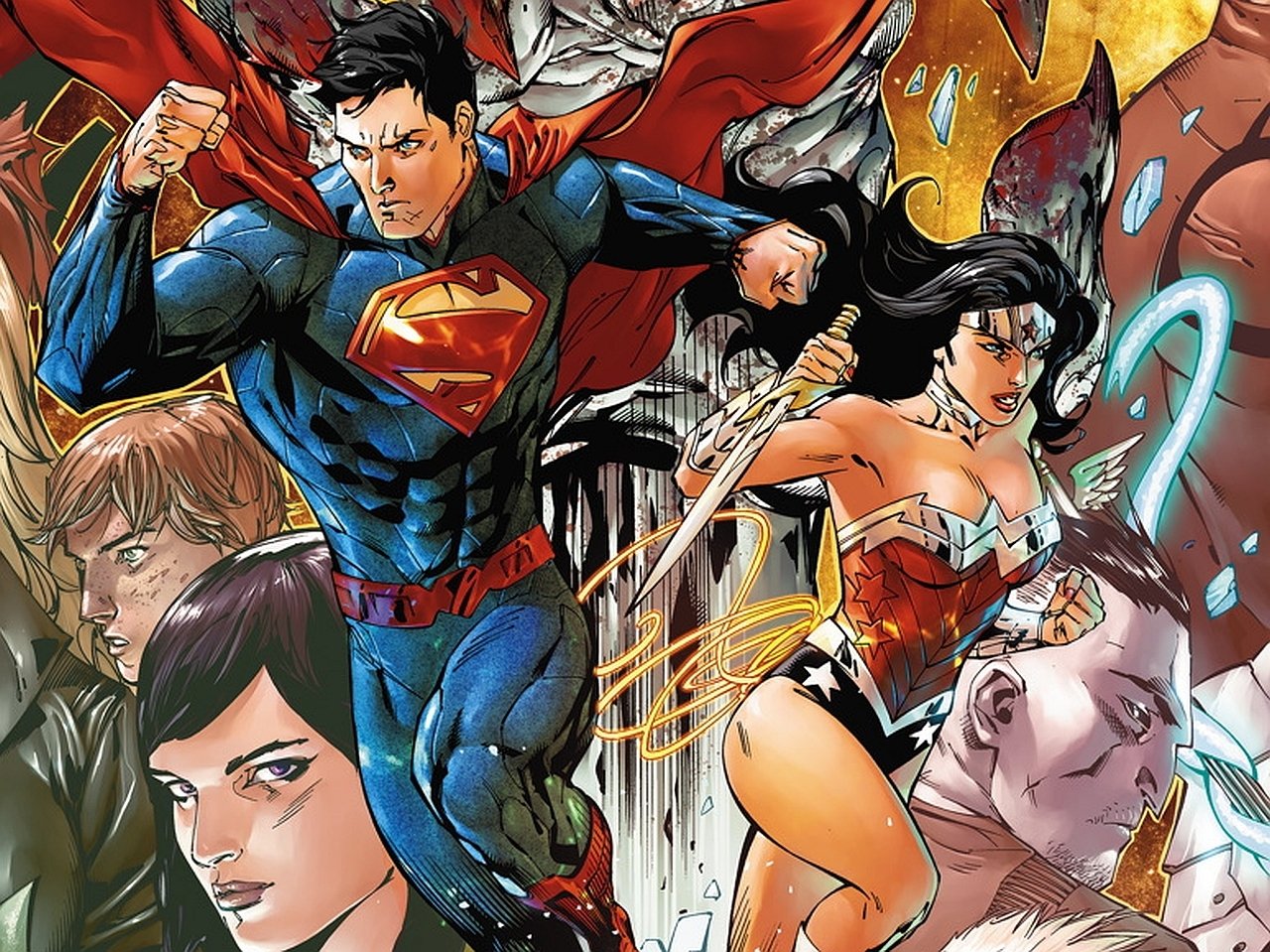 A vibrant comic scene featuring Superman and Wonder Woman from DC Comics' The New 52, with Jimmy Olsen and Lois Lane in the background, showcasing key characters in a dynamic composition.