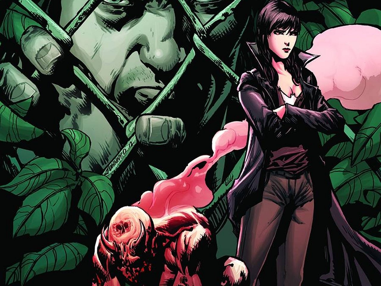 Comic art of Vampirella Strikes standing confidently with arms crossed, surrounded by dark foliage and a grotesque creature emitting pink smoke.