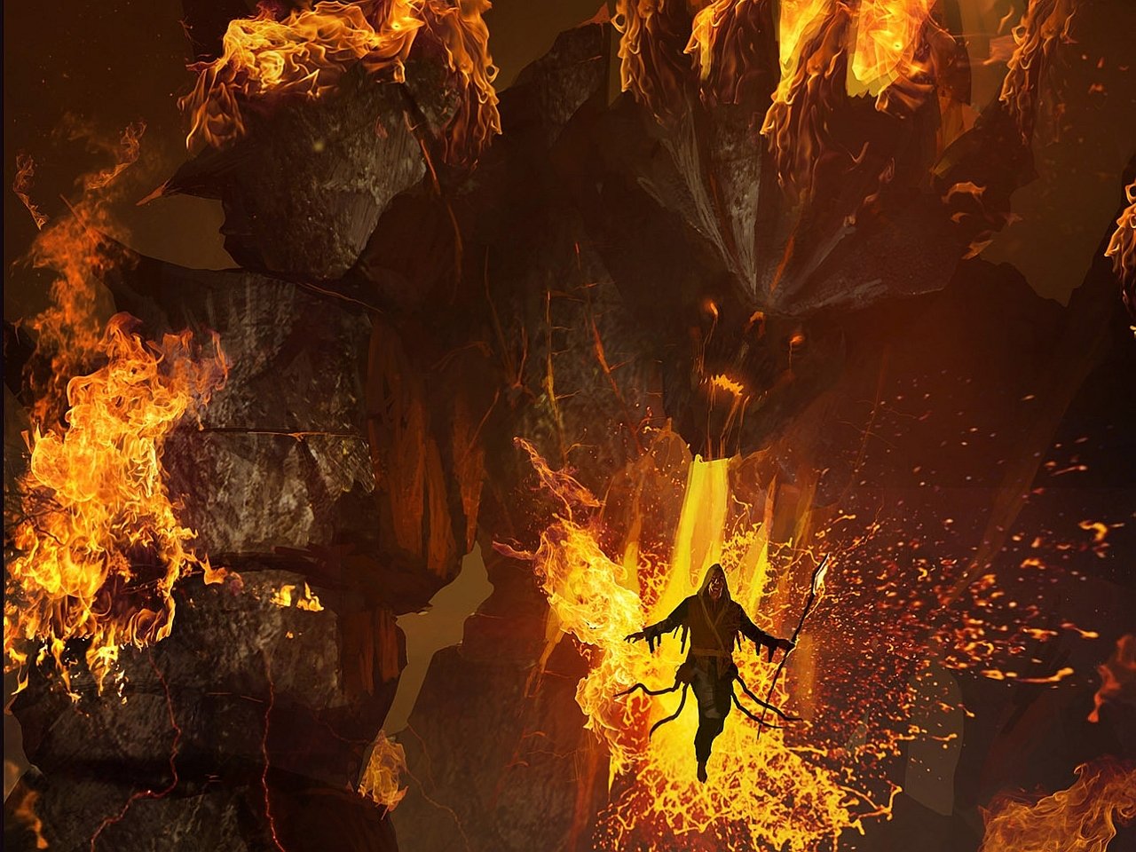A dark creature looms amid molten rock and roaring flames as a silhouetted figure falls toward a fiery chasm.