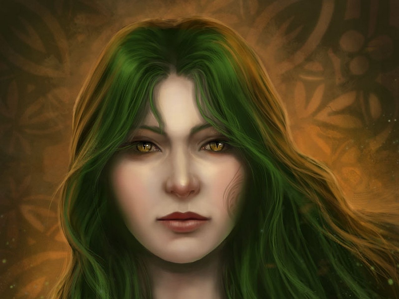 Fantasy artwork of a woman with flowing green hair and golden eyes set against a warm, textured background with subtle floral patterns.
