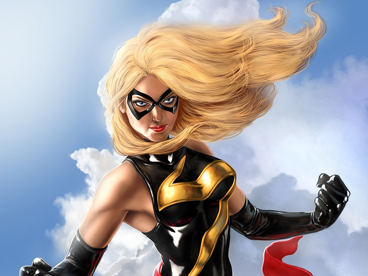 Comic-style depiction of Ms. Marvel: blonde heroine in a black-and-gold costume and mask, cape and hair streaming as she poses against a bright, cloudy sky.