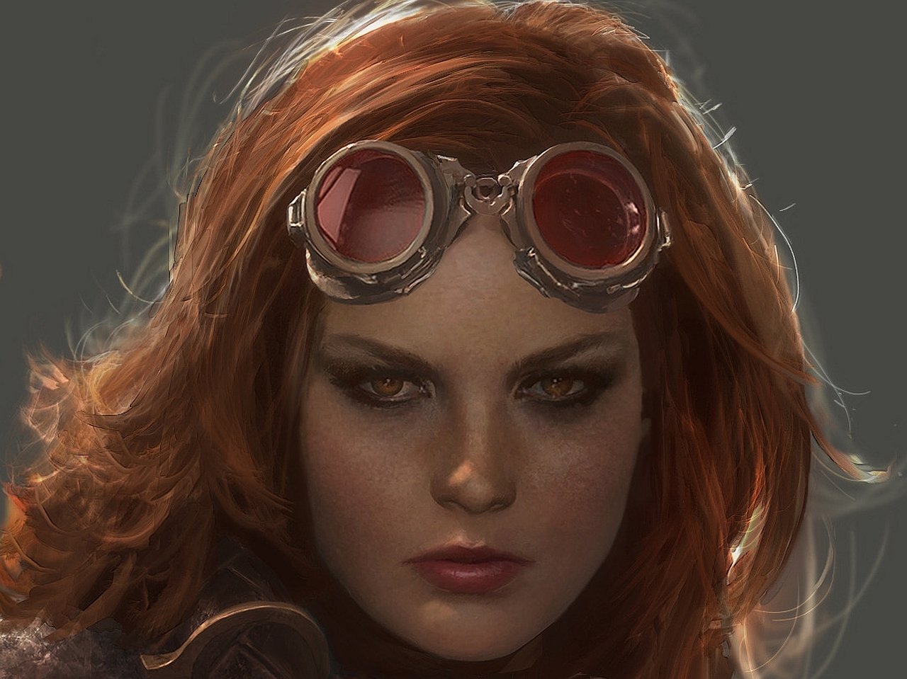 Portrait of a red-haired woman wearing steampunk-style goggles, inspired by man-made elements in Magic: The Gathering.