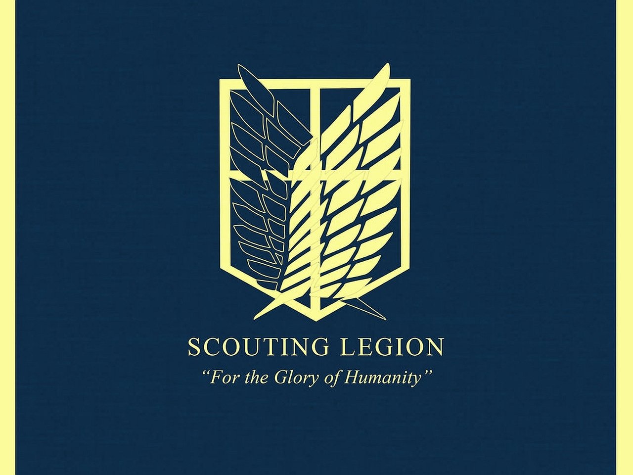 Logo of the Scouting Legion from the anime Attack on Titan, featuring two leaves and the motto For the Glory of Humanity against a dark background.