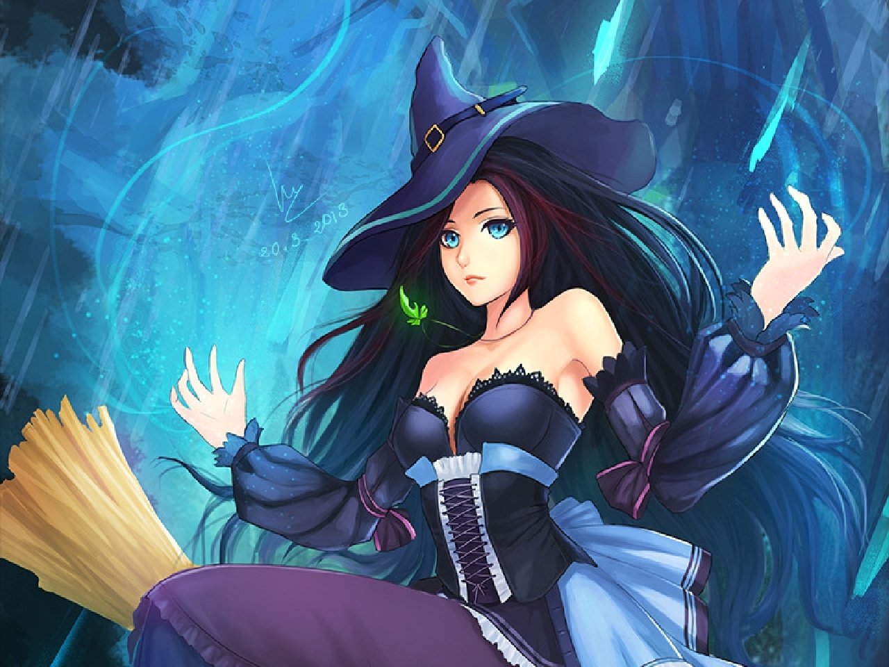 Fantasy witch with long dark hair and a wide-brimmed hat in a corseted dress, summoning glowing blue magic as a broom floats at her side.