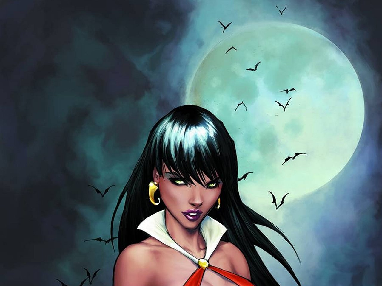 Comic-style image of Vampirella under a full moon, surrounded by flying bats against a dark, cloudy sky.