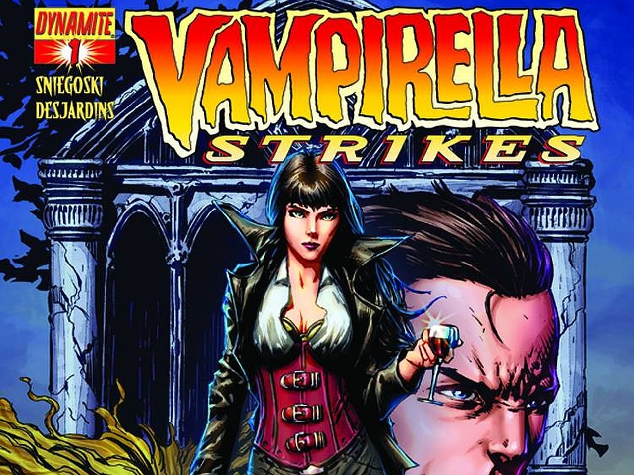 Comic cover, Vampirella Strikes — Vampirella in a red corset and black coat stands before gothic arches with a stern man in the foreground, bold title above.