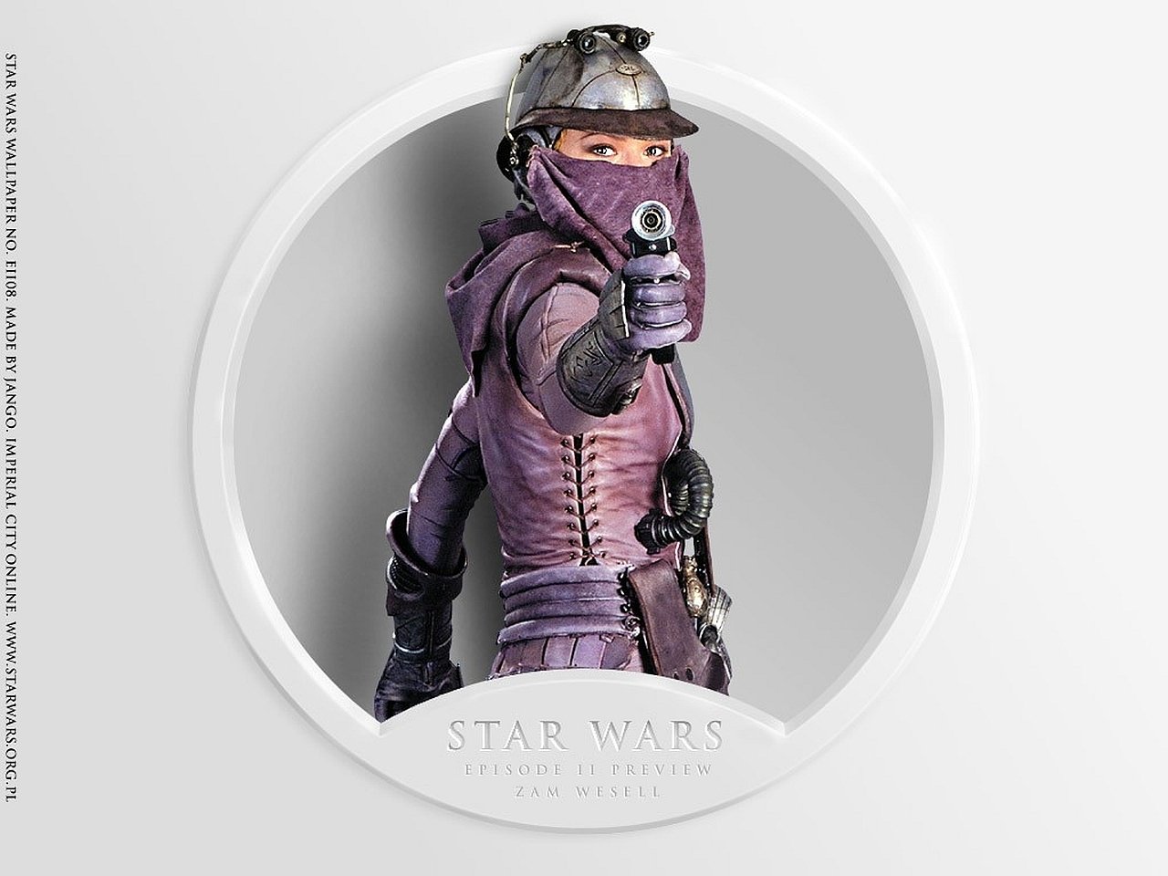 Zam Wesell from Star Wars Episode II: Attack of the Clones is shown aiming a blaster while wearing her signature purple outfit and helmet.