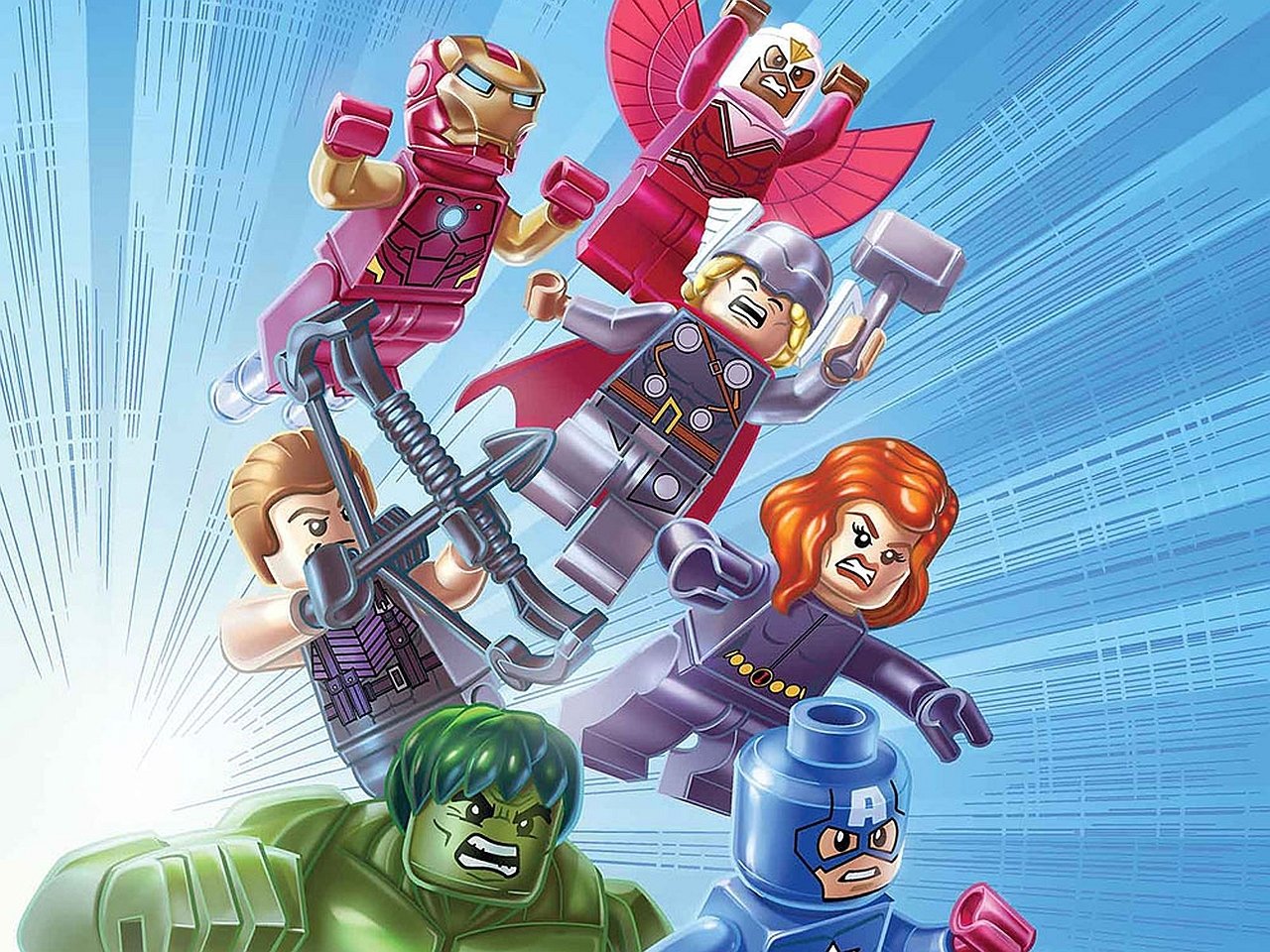 LEGO Marvel Super Heroes comic image of the Avengers — Iron Man, Thor, Captain America, Falcon, Black Widow, Hawkeye (Clint Barton) and Hulk launching into action.