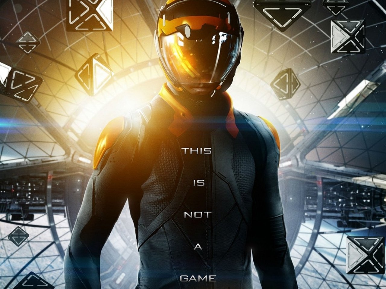 Movie poster — Ender's Game: helmeted figure in a futuristic battle suit stands in a glowing command bay; overlay text reads THIS IS NOT A GAME.