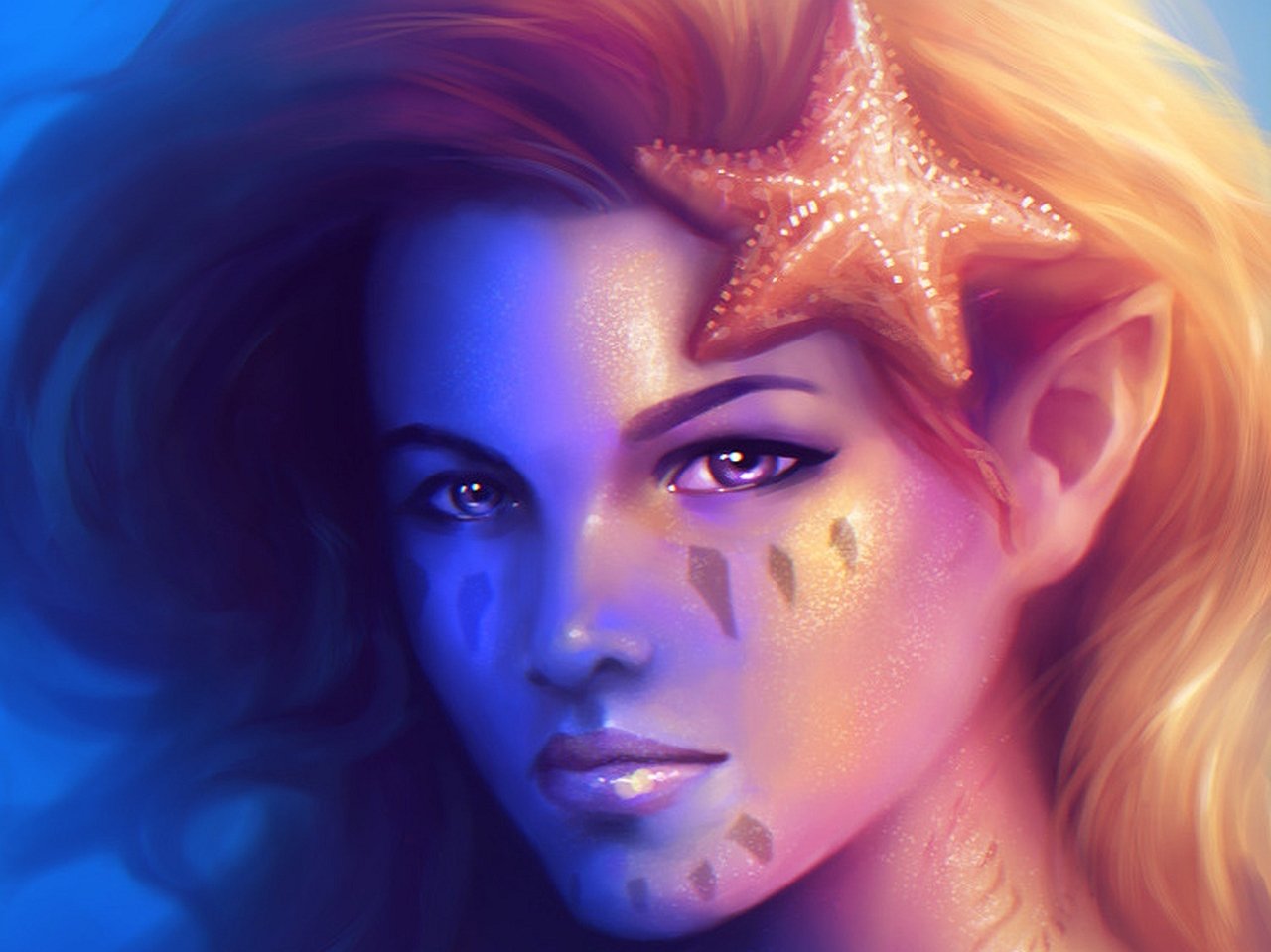 A fantasy portrait of a woman with glowing skin, pointed ears, golden markings, and a starfish resting on her vibrant, flowing hair.
