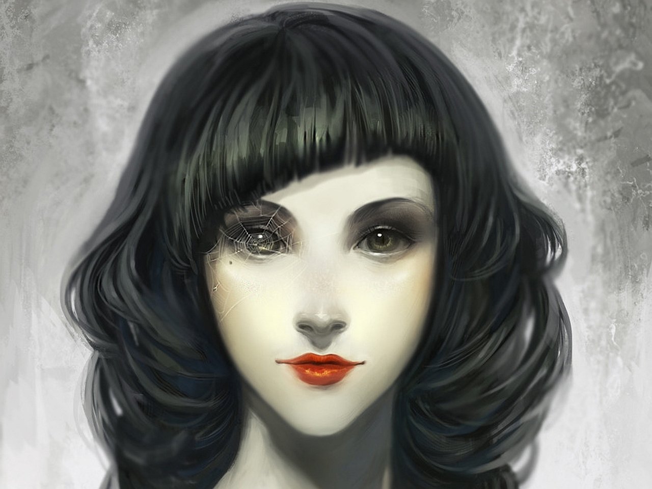 A fantasy portrait of a woman with dark, wavy hair, pale skin, striking dark eyes, and vivid red lips against a textured gray background.