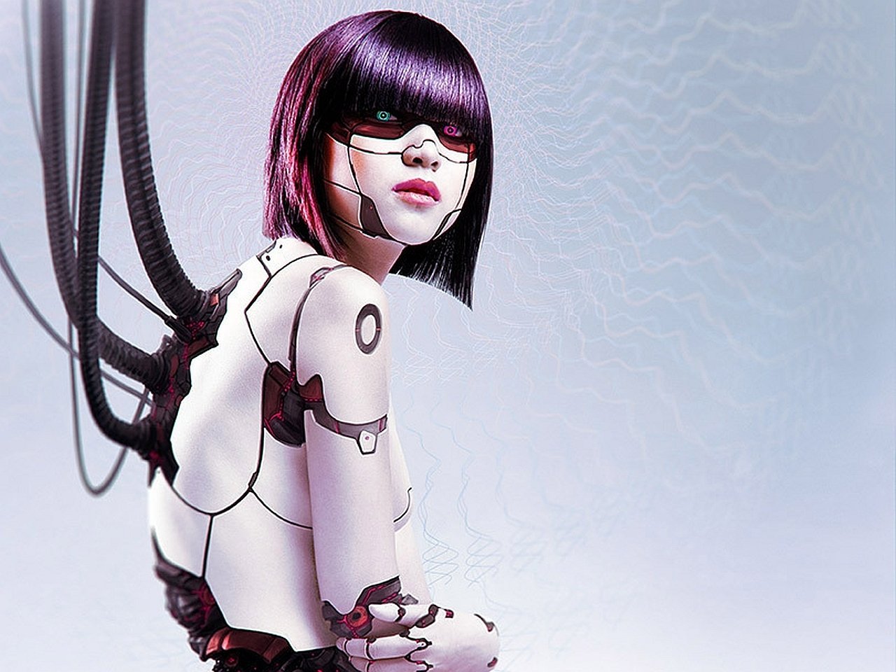 Sci-fi cyborg woman with purple bob and visor, pale synthetic skin, exposed mechanical joints and cables grafted to her back, glancing over her shoulder.