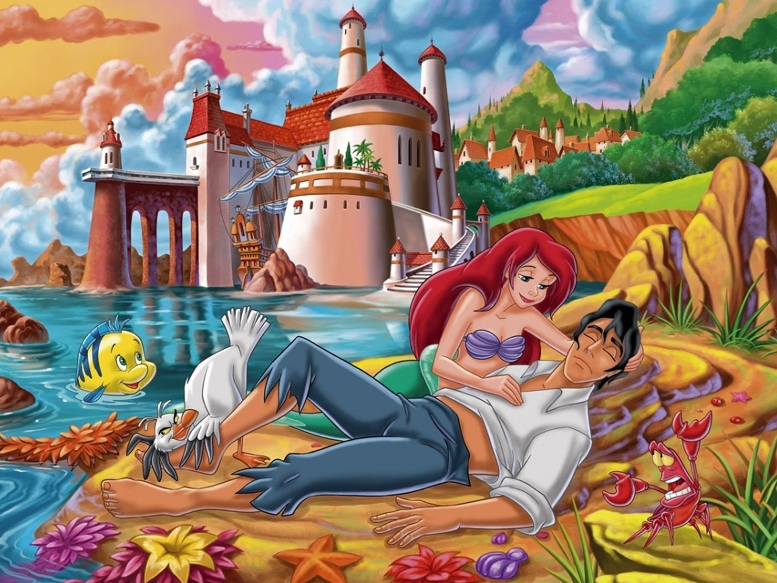 The Little Mermaid Sebastian (The Little Mermaid) castle black hair barefoot feet mermaid Flounder (The Little Mermaid) Scuttle (The Little Mermaid) red hair Ariel (The Little Mermaid) Prince Eric movie The Little Mermaid (1989) Image