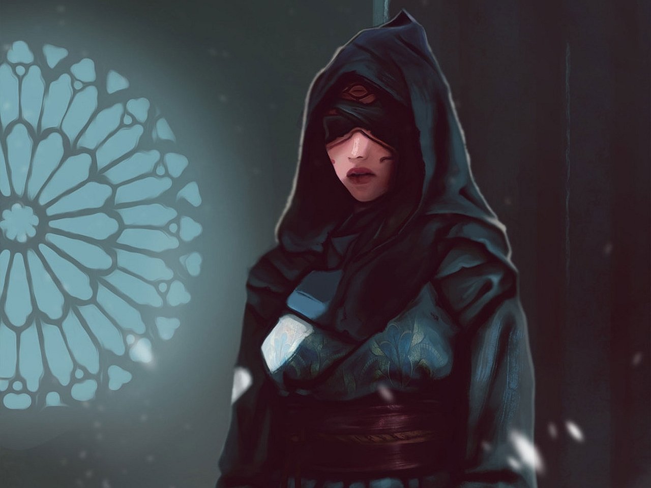 A fantasy woman cloaked in dark hooded robes stands in shadow, with a soft light illuminating a stained glass window behind her.