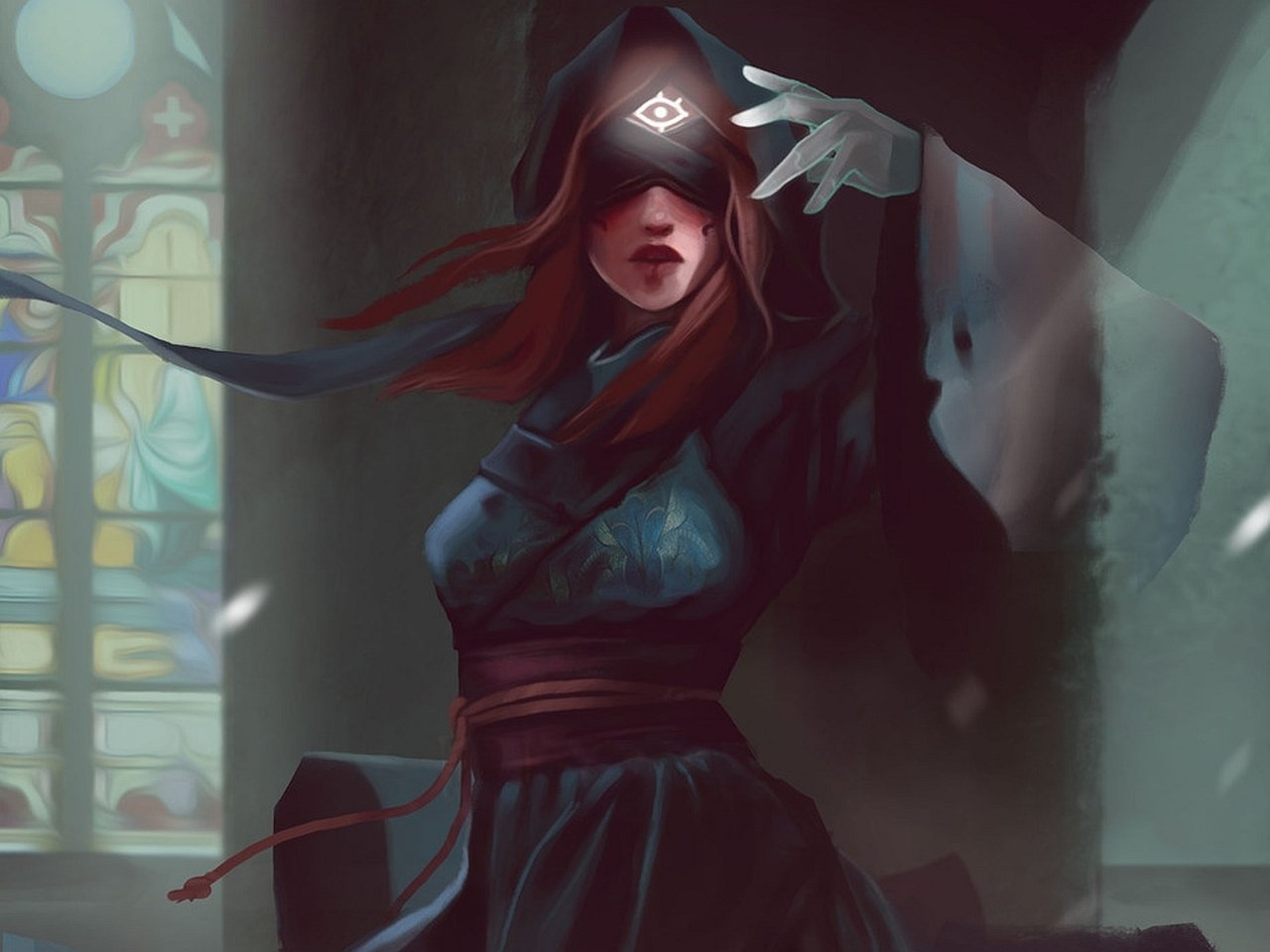 A fantasy woman with glowing eyes and flowing red hair, dressed in dark, mystical robes, stands in a dimly lit room with stained glass windows.