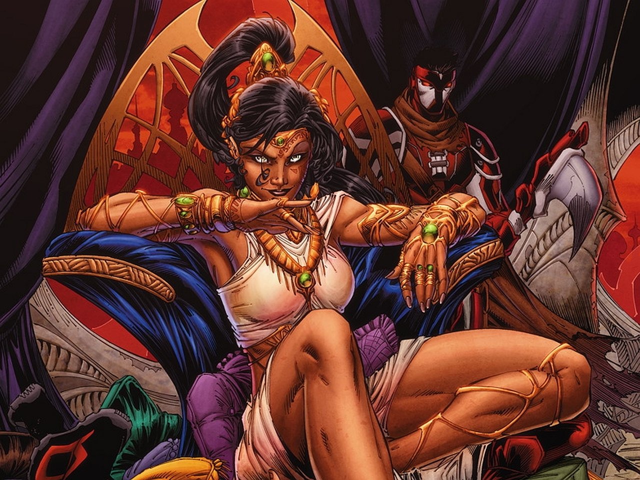 Comic art featuring a fierce, regal woman with mystical jewelry seated confidently, exuding a Justice League of America vibe with a dark, powerful atmosphere.
