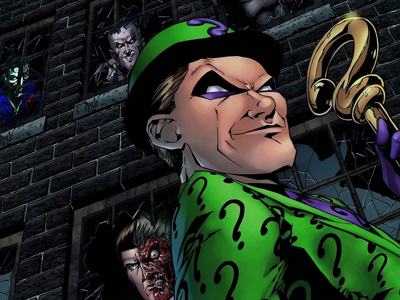 The Riddler stands prominently in this Batman comic image, with Joker and Two-Face visible in the shadows behind him.