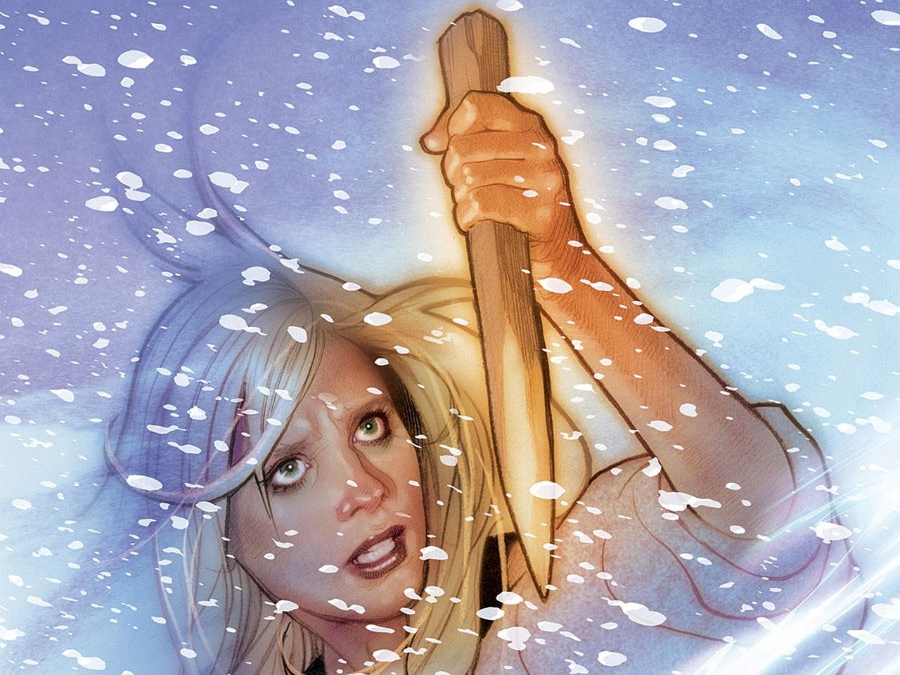 Comic-style Buffy the Vampire Slayer raises a wooden stake above her head as snow swirls, her determined face lit by a blue-tinged night.