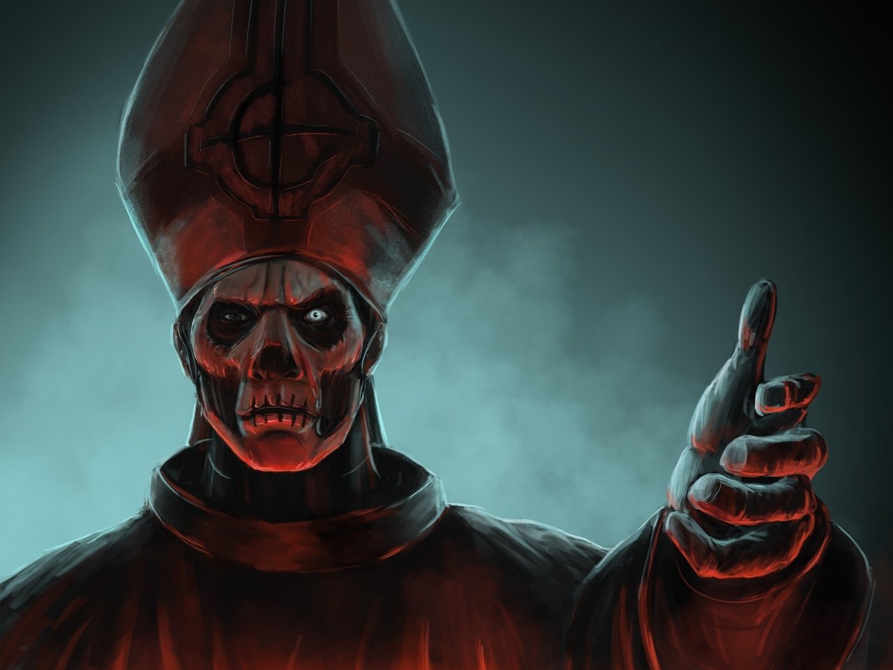 A dramatic representation of a skeletal figure in a papal outfit, embodying the dark aesthetic of the music group Ghost B.C., set against a smoky, atmospheric background.