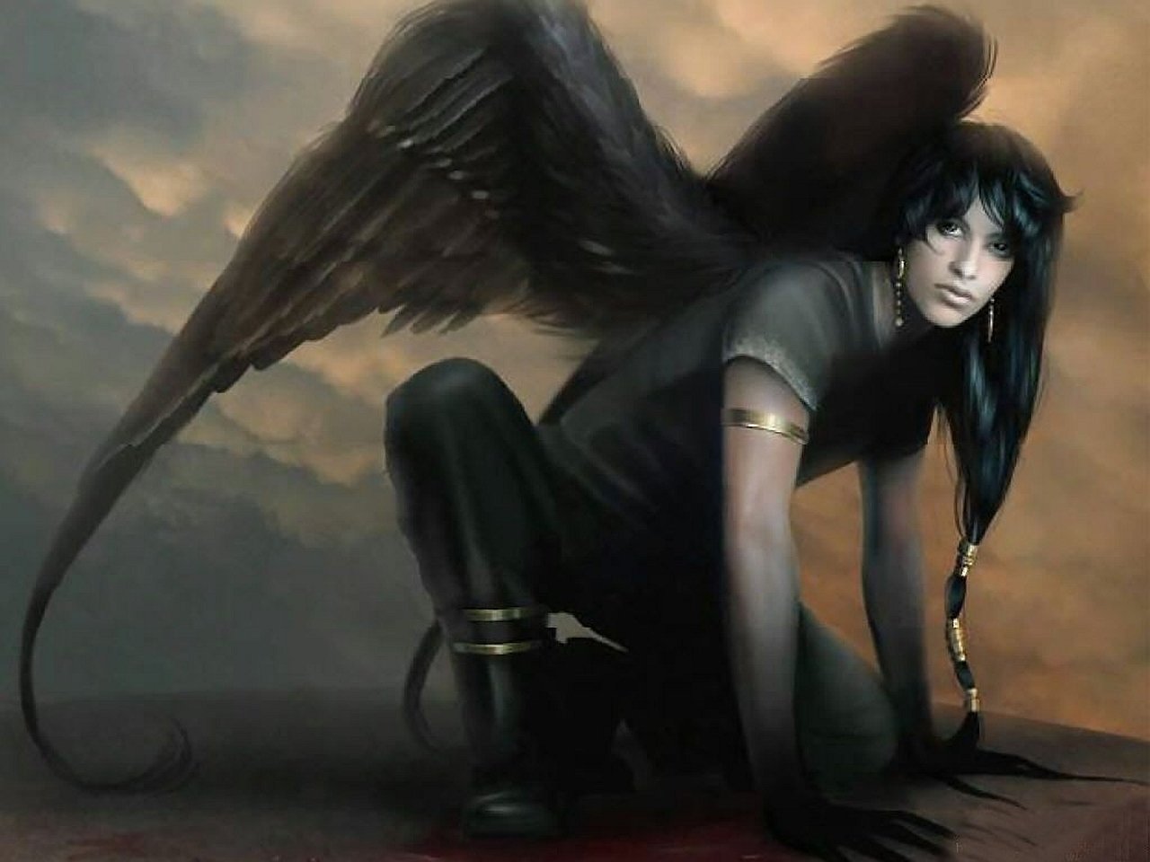 A fantasy angel with dark wings crouches on the ground, set against a moody, cloudy sky.