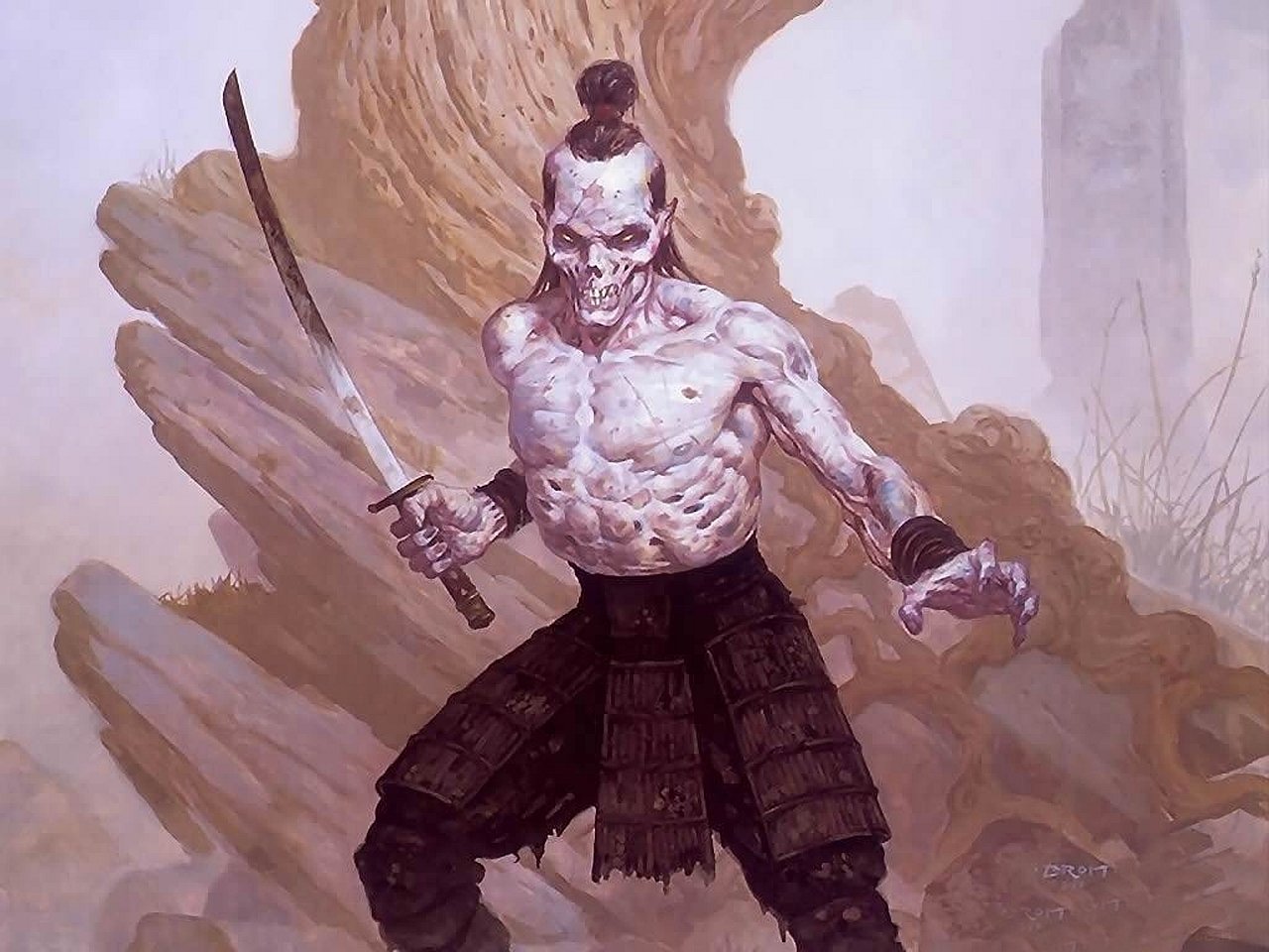 Undead samurai with topknot and katana, exposed skeletal torso and tattered armor amid windswept rocks — fantasy, Legend of the Five Rings.