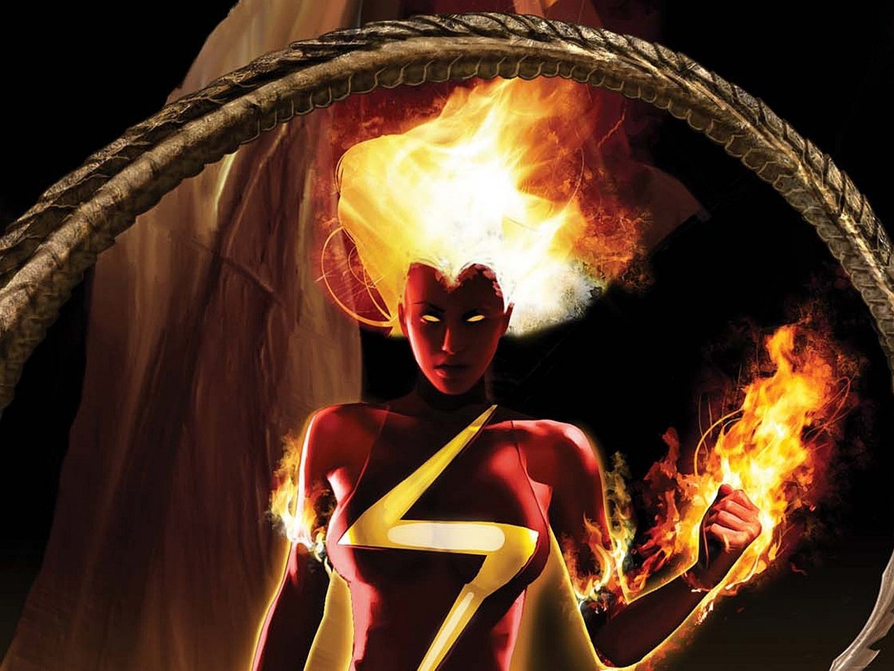 Comic illustration of Ms. Marvel: fiery-powered heroine with blazing hair and hands, red suit marked by a glowing lightning-bolt emblem, framed by a coiled rope.