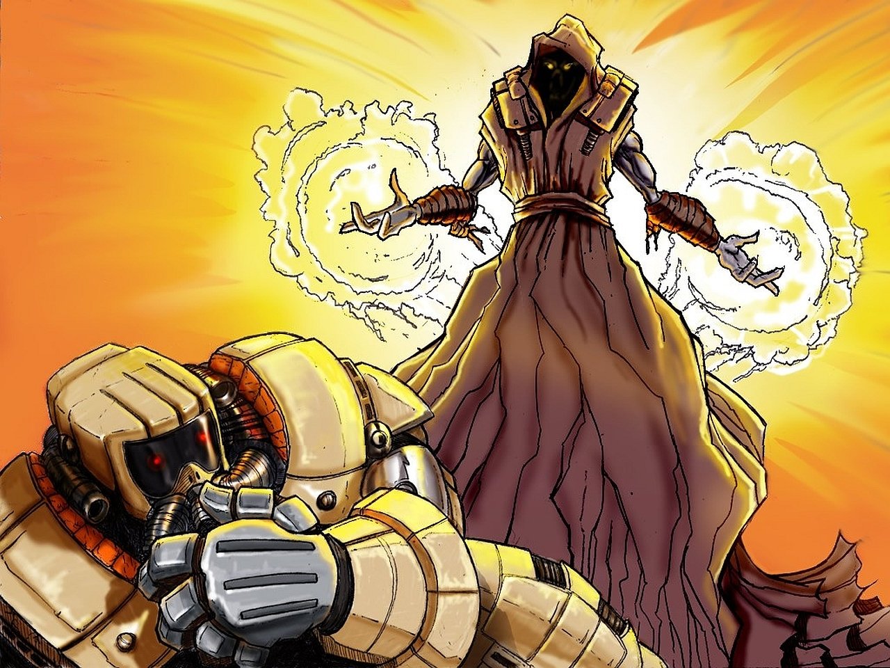 A dramatic scene from the video game X-COM: Enforcer, featuring a futuristic armored soldier confronting a mysterious, cloaked figure emitting swirling energy.