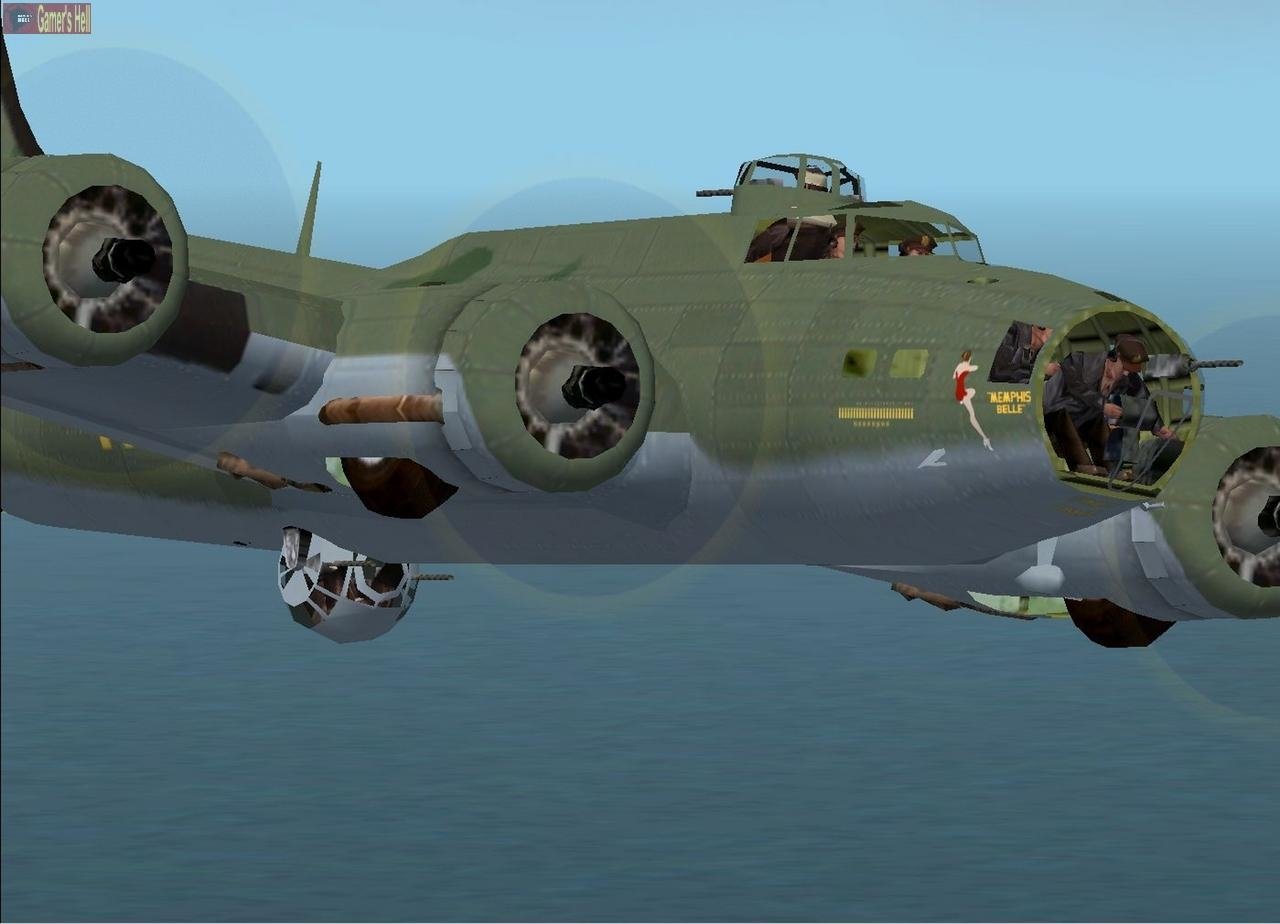 Scene from the movie Memphis Belle: a WWII B-17 Flying Fortress in flight over the ocean, green fuselage with open nose and visible gun turrets.