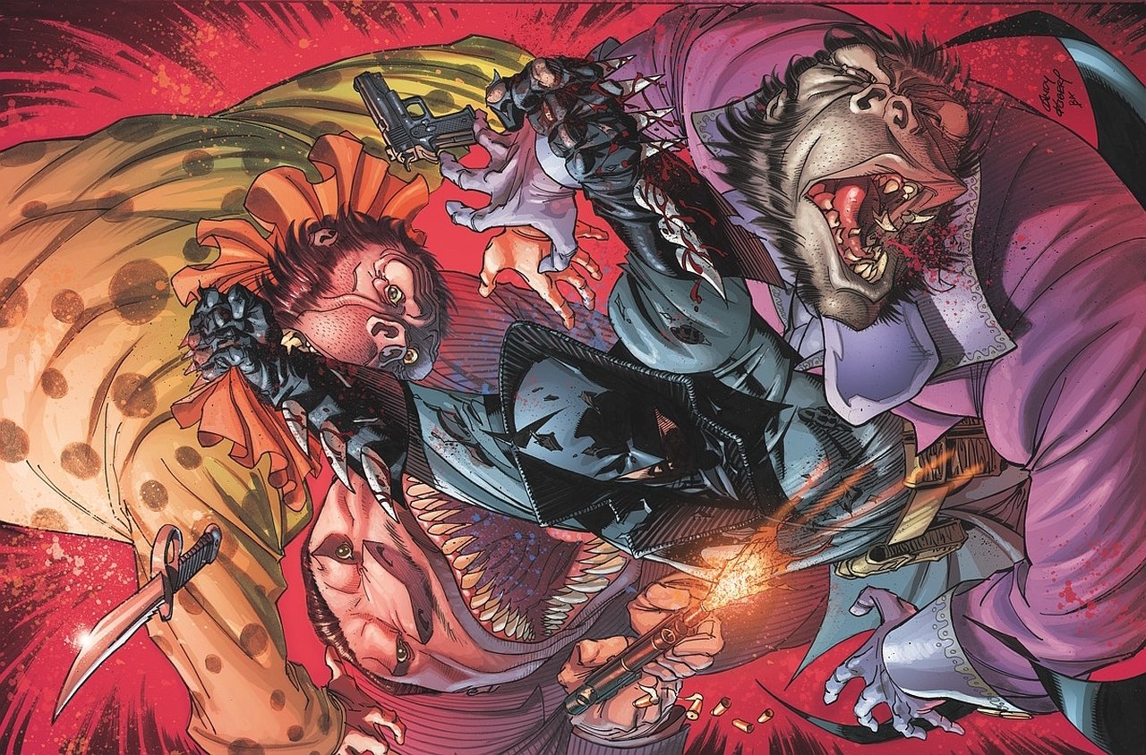 Dynamic comic scene from DC Comics' Damian: Son of Batman, featuring Damian Wayne in action alongside a fierce gorilla and a villain amid intense battle.