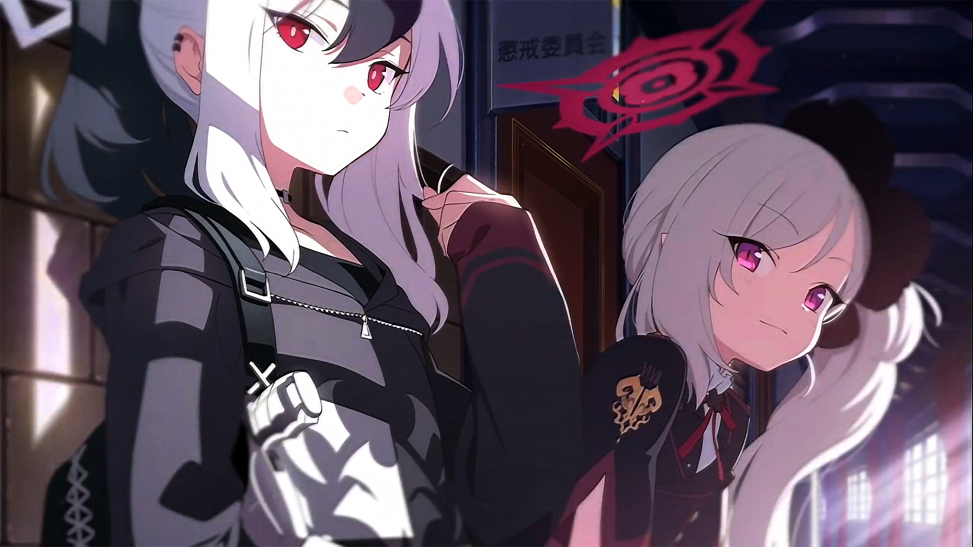 Two anime-style characters from the video game Blue Archive in a dim school corridor: one black-and-white haired with red eyes, the other blonde with pink eyes and horn accessories.
