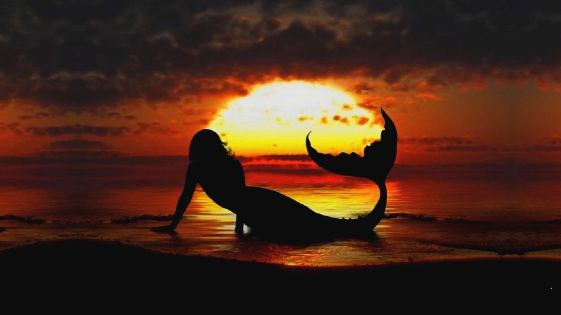 A silhouette of a mermaid lounging on the beach at sunset, with vibrant orange and yellow hues reflecting on the sea, creating a dreamy, fantasy atmosphere.