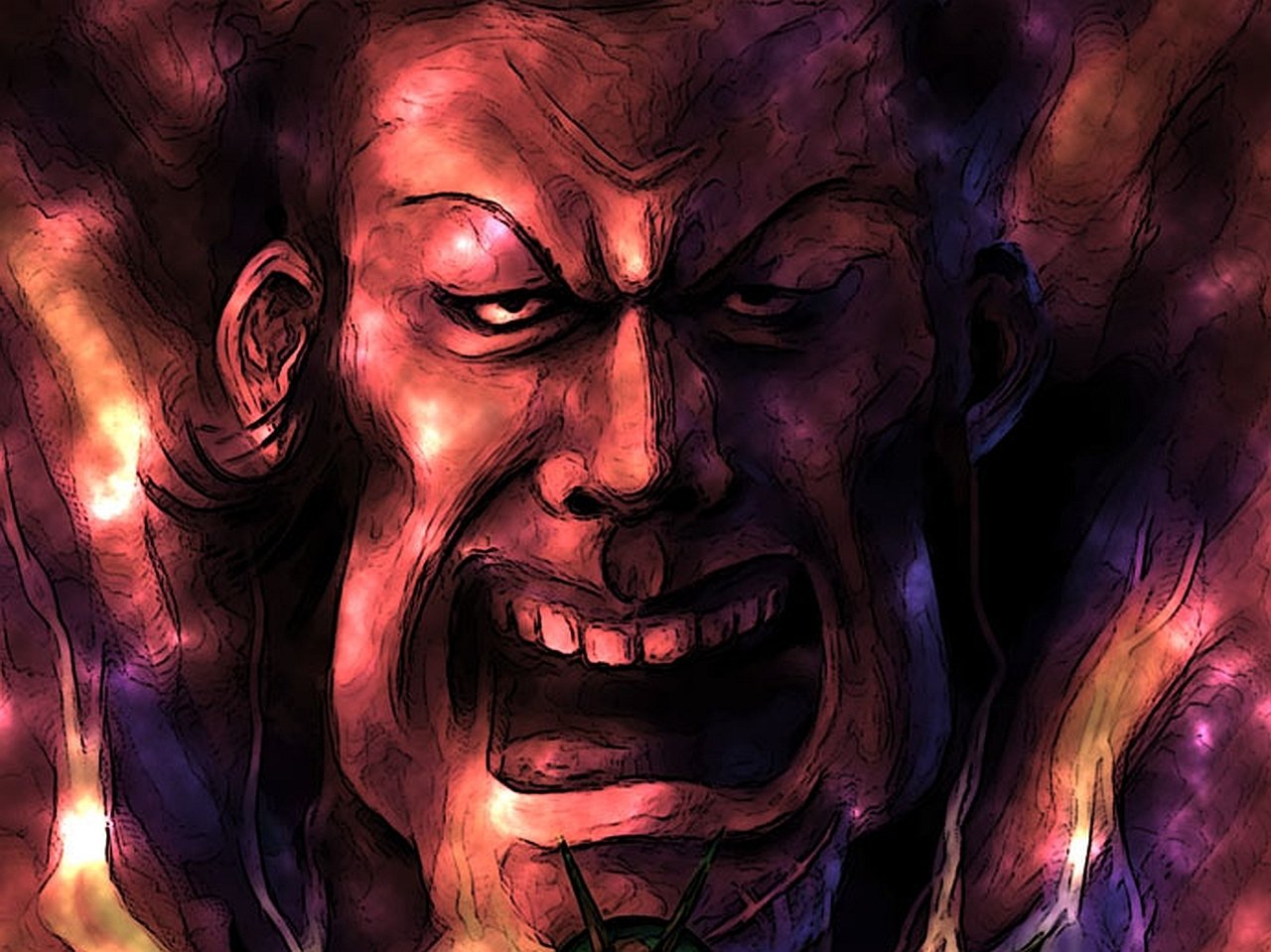 Close-up anime portrait of a snarling, shadowed Mobile Suit Gundam villain, face contorted in rage with dramatic red and purple, flame-like lighting.