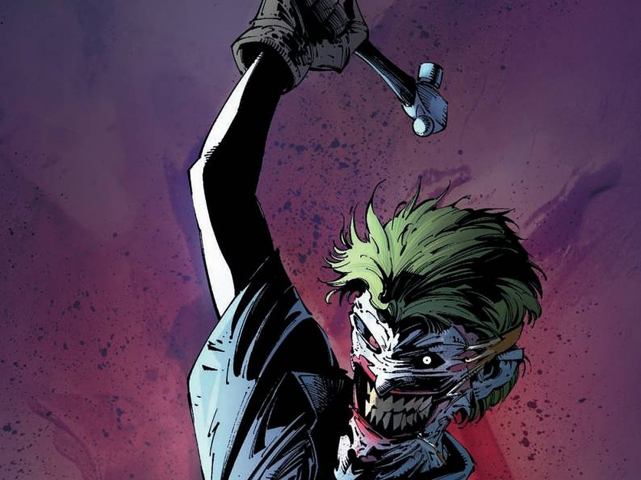 The Joker, depicted in a dark and twisted style from Batman: Death of the Family, raises a hammer menacingly against a shadowy purple background.