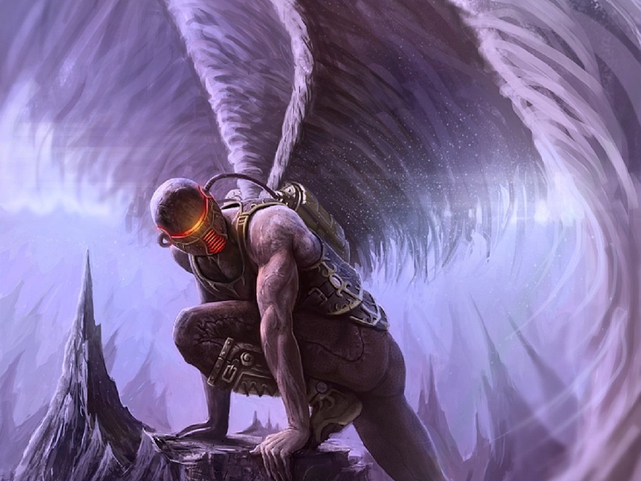 A muscular angel warrior with glowing red eyes crouches on a rocky peak, surrounded by ethereal purple mist and large, detailed wings in a fantasy setting.