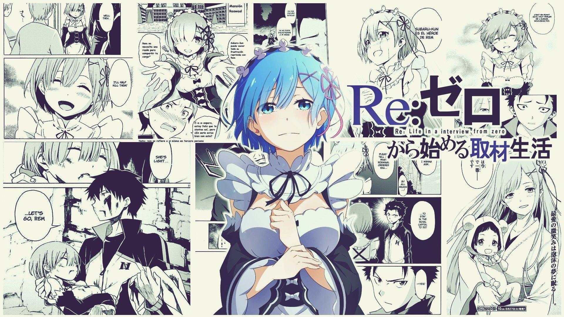 Illustration featuring Rem from the anime Re:Zero − Starting Life in Another World, set against a collage of monochrome manga panels from the series.