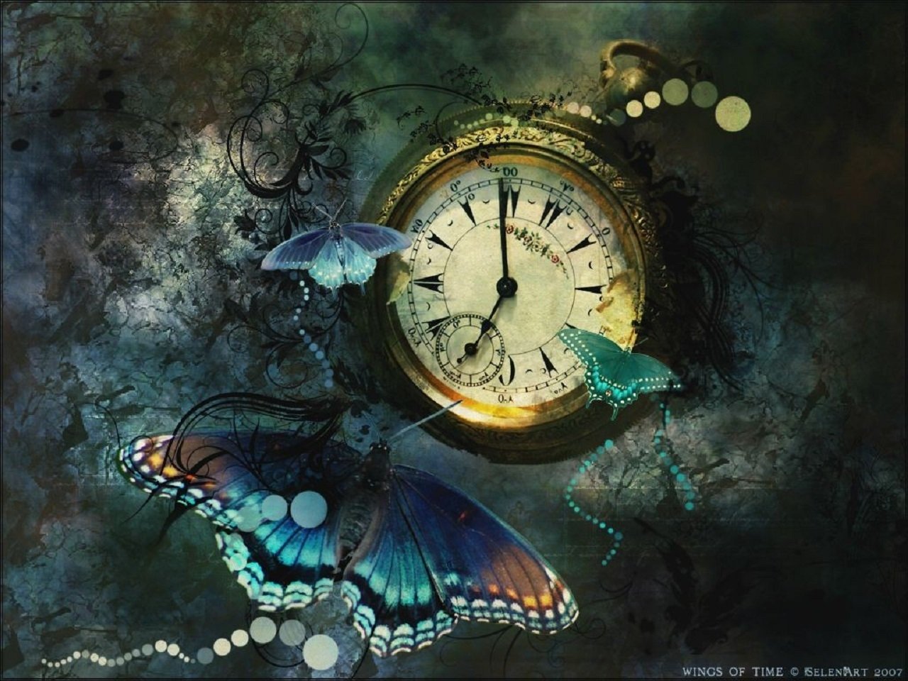 An artistic image featuring a vintage pocket watch surrounded by glowing butterflies against a textured, dark background.