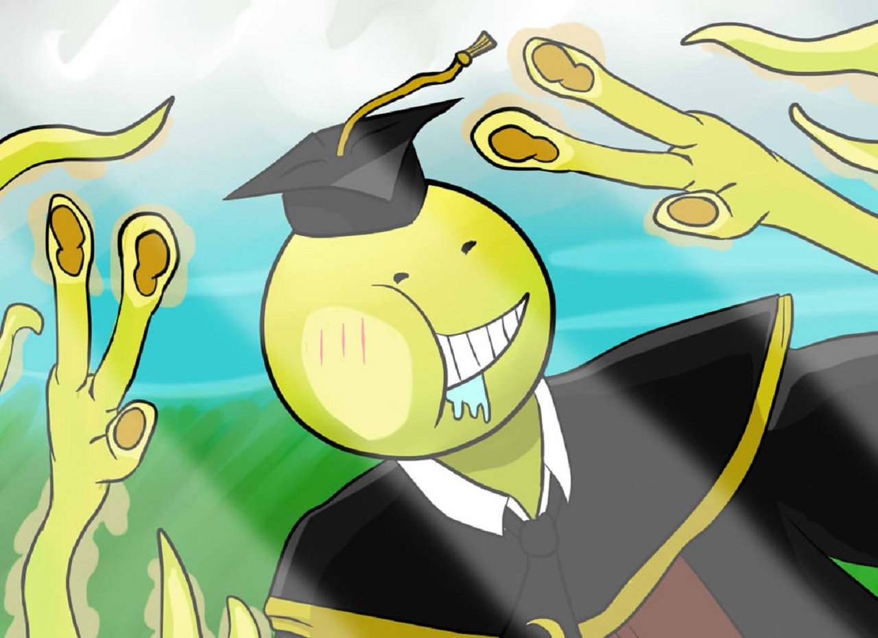 Koro-sensei from the anime Assassination Classroom smiles broadly while wearing a graduation cap, surrounded by his signature tentacles against a vibrant background.