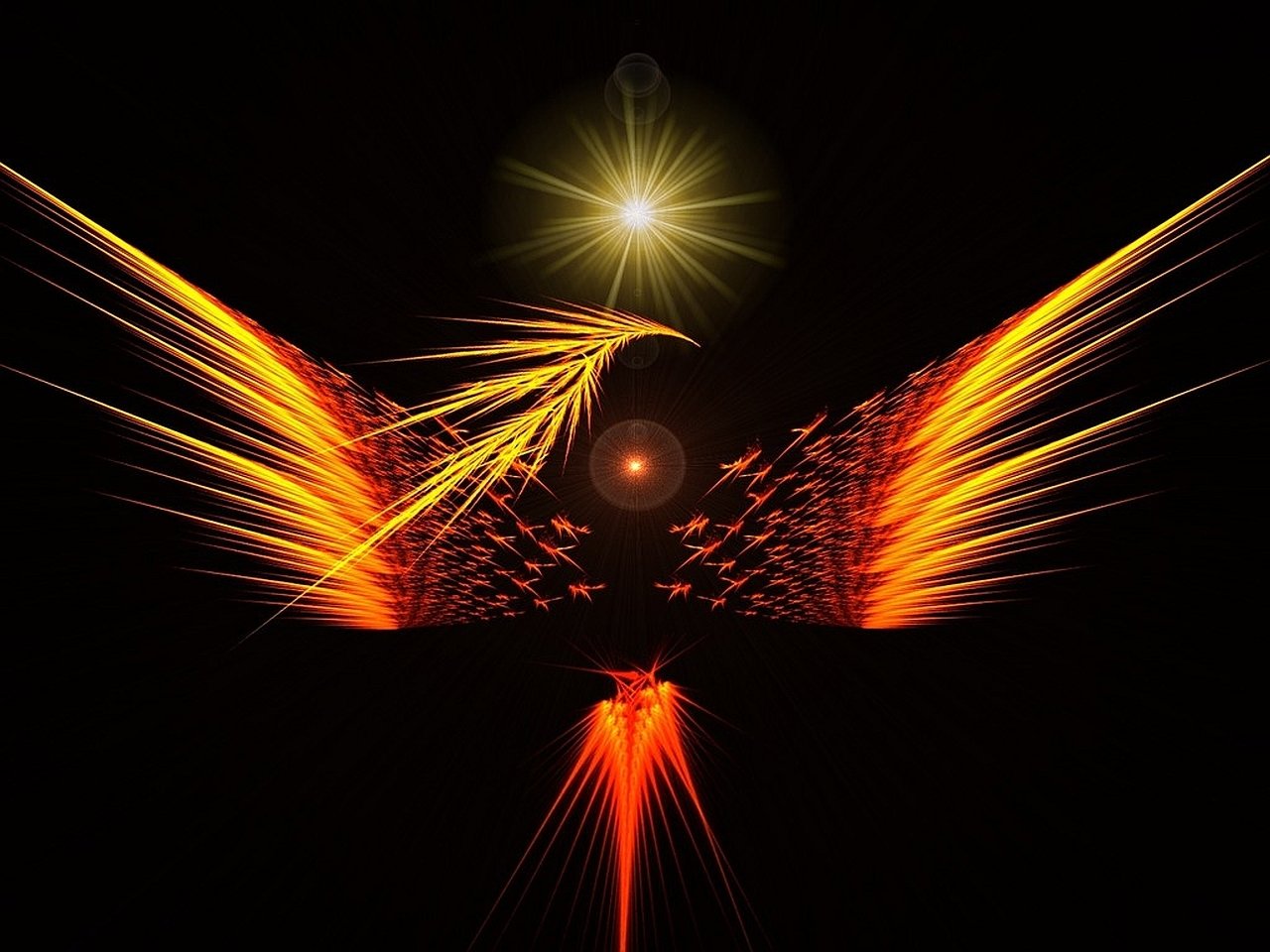 A vibrant, abstract representation of a phoenix, captured in fiery orange and yellow hues, radiating energy against a dark background, embodying the essence of fantasy.