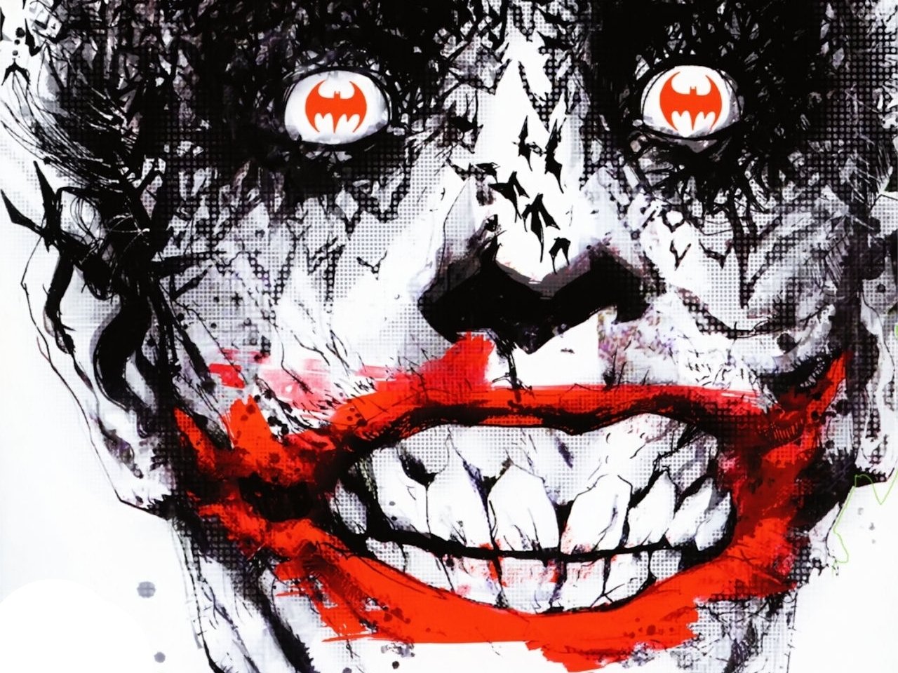 Close-up illustration of the Joker's face with a wide, sinister grin and red lipstick, featuring bat symbols in his eyes, inspired by Batman: Detective Comics.