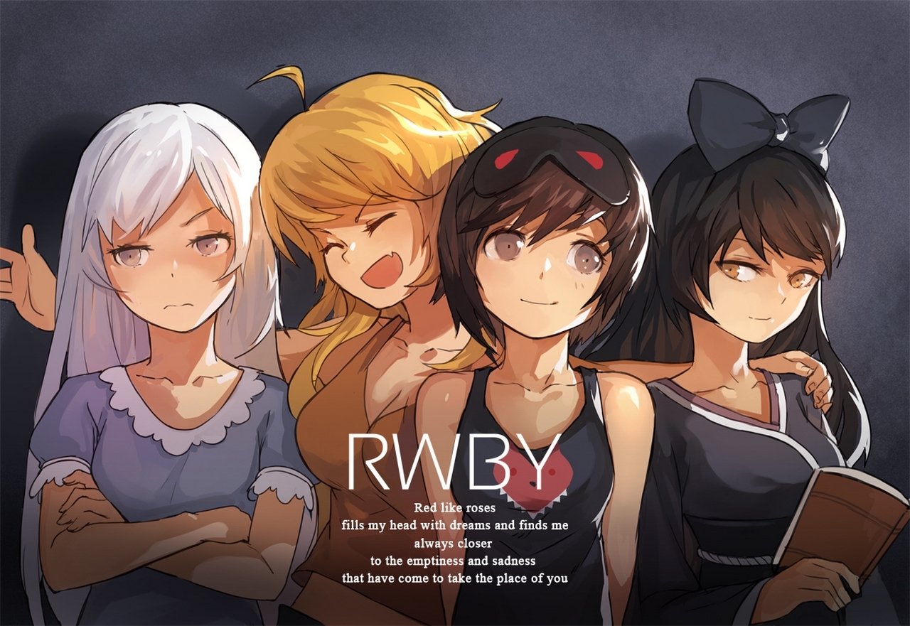 Four characters from RWBY—Ruby Rose, Yang Xiao Long, Blake Belladonna, and Weiss Schnee—pose together in an anime-style illustration, showcasing their unique personalities and bond.