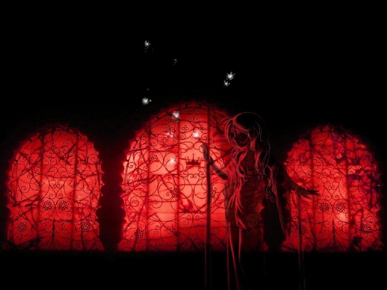 Anime-style original artwork depicting a silhouetted figure standing before three large, glowing red arched windows with intricate designs in a dark setting.