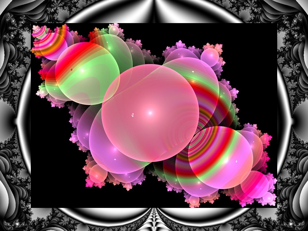 Abstract fractal image of overlapping translucent pink, green and rainbow-hued spheres floating over intricate purple coral-like fractal details within a monochrome ornamental frame.