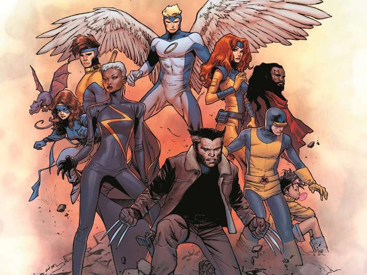 Warren Worthington III Bishop (Marvel Comics) wings Gambit (Marvel Comics) Jean Grey Jubilee (Marvel Comics) Kitty Pryde Storm (Marvel Comics) Angel (Marvel Comics) Cyclops (Marvel Comics) Wolverine Comic X-Men Gold Image