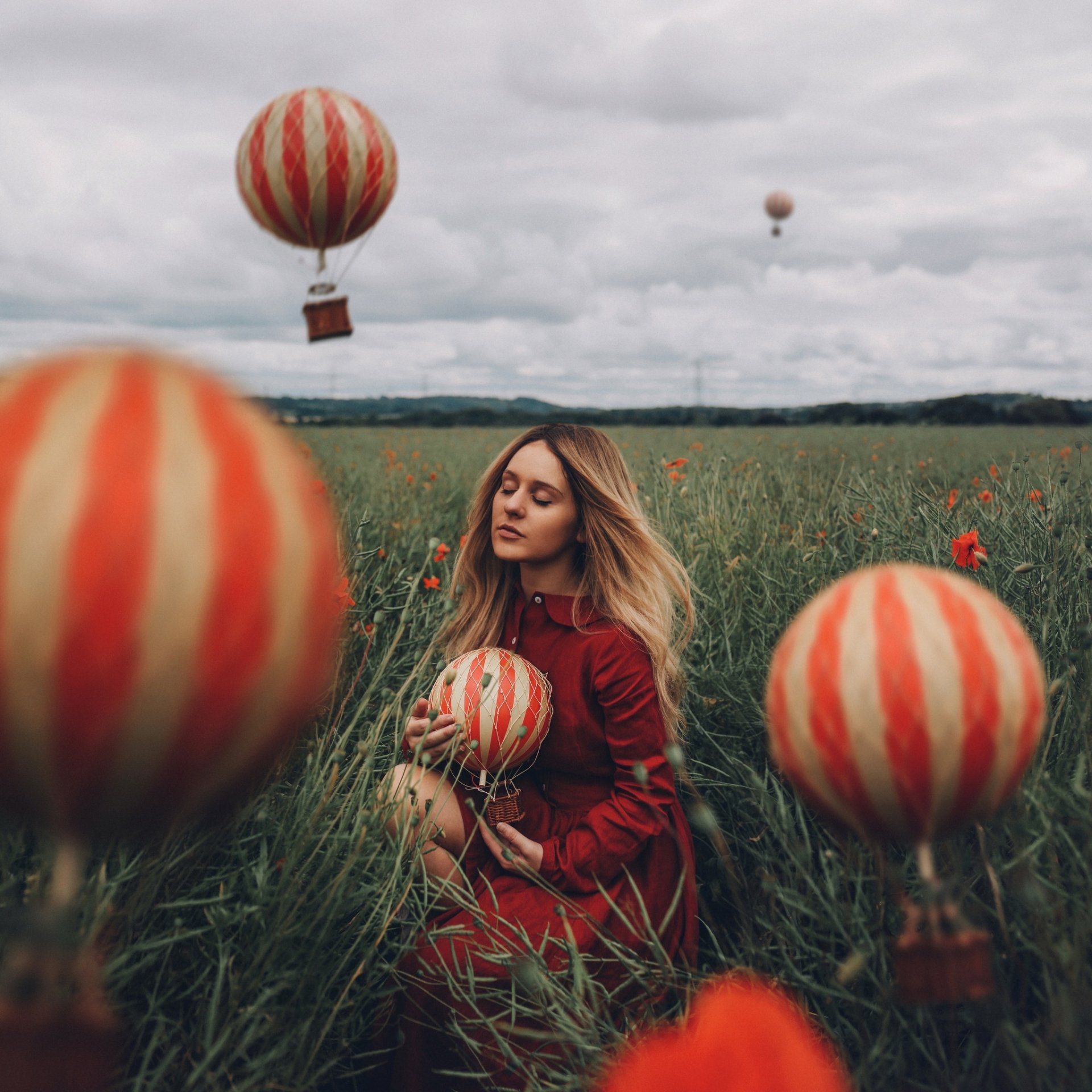 balloon field woman mood Image