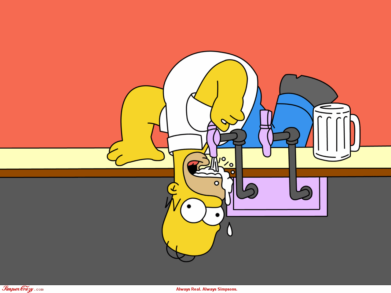 Homer Simpson from the TV show The Simpsons hangs upside down over a counter, pouring a drink into his mouth with a mug nearby.