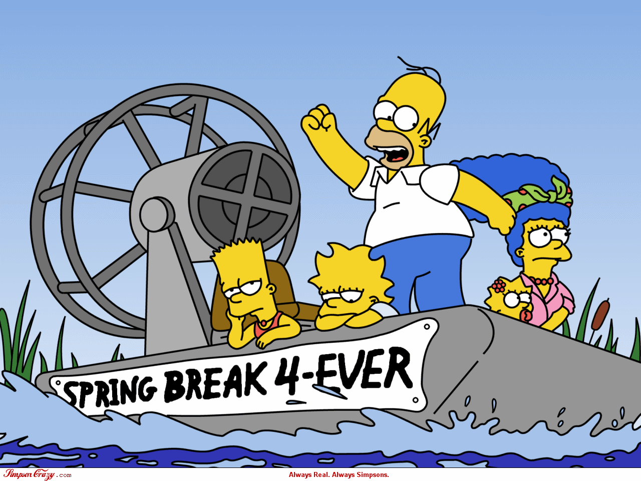 The Simpsons — Homer, Marge, Bart, Lisa and baby Maggie — aboard a boat labeled Spring Break 4-Ever, Homer cheering, bright cartoon family from the TV show.