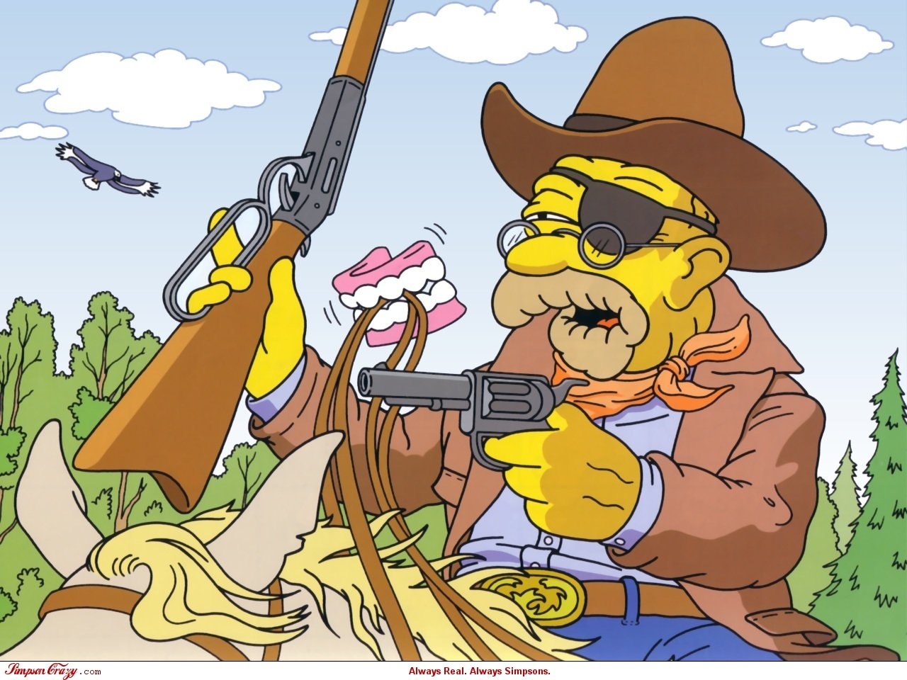 Grampa Simpson from The Simpsons TV show dressed as a cowboy, holding a rifle and a revolver while riding a horse in a grassy outdoor setting.